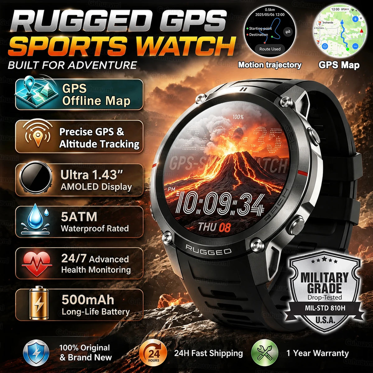 GPS Watch Professional Sport Smart Watch with Offline Map health Control Waterproof GPS Six-star positioning Tracking SmartWatch