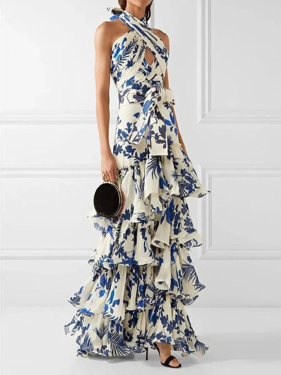 Abito lungo da sera in chiffon stampato con orlo a strati