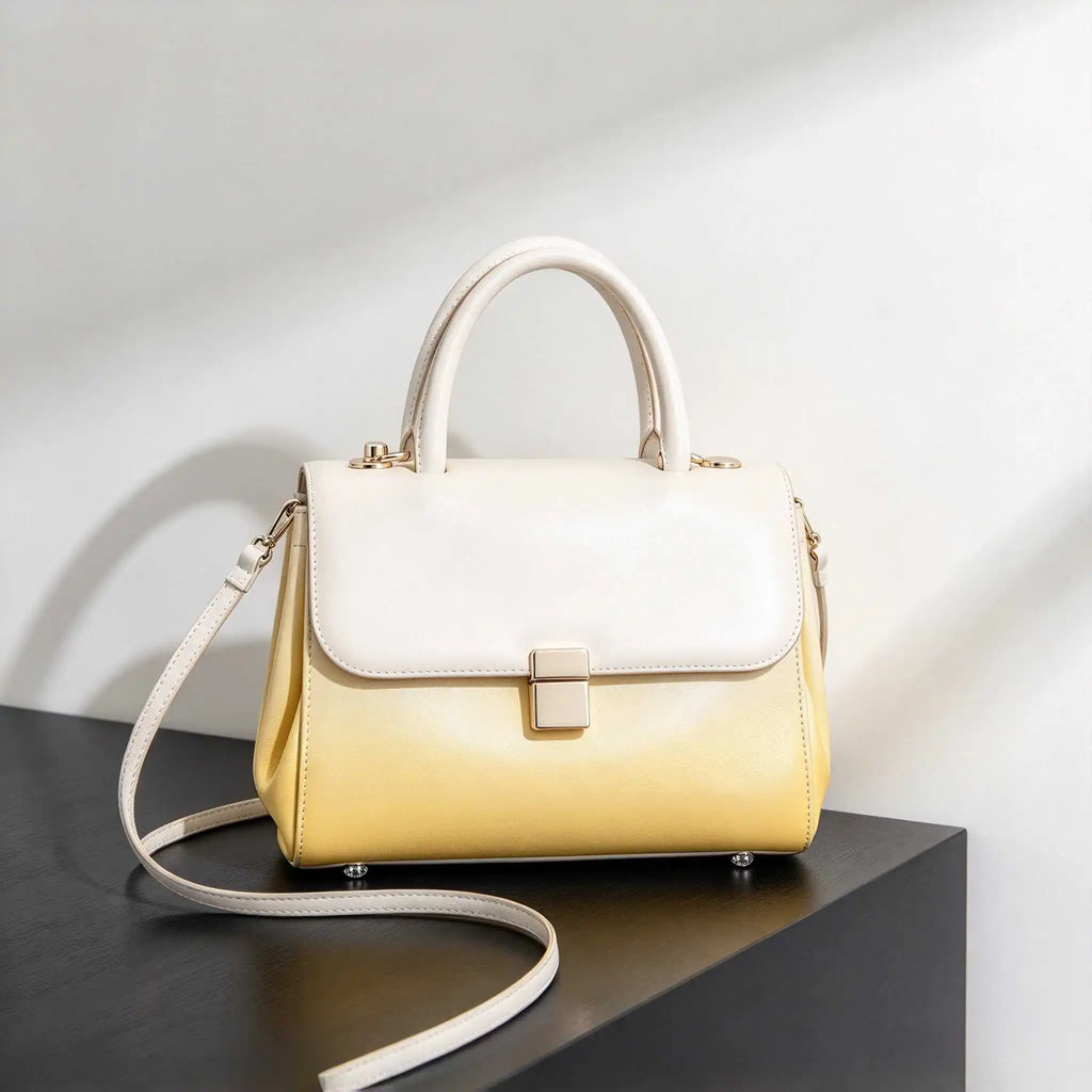 2026 Elegant Women's Luxury Yellow White Gradient Genuine Leather Shoulder Bag Fashion Work Commuter Designer Handbag