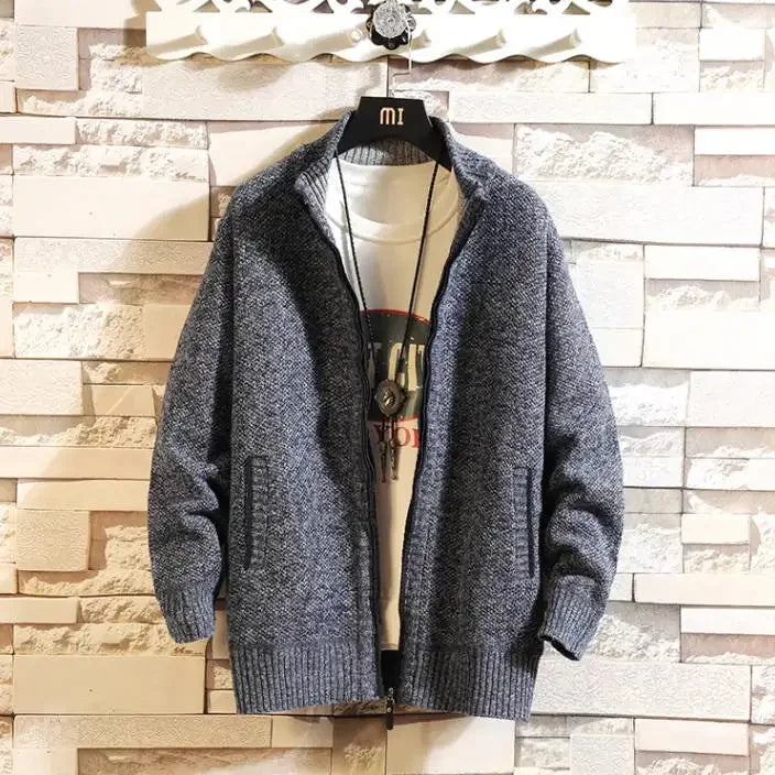 Autumn New Men's Trendy Cardigan Fleece Thicken Solid Casual Loose Sweater Men's Stand-up Collar Knitting Sweater Cardigans