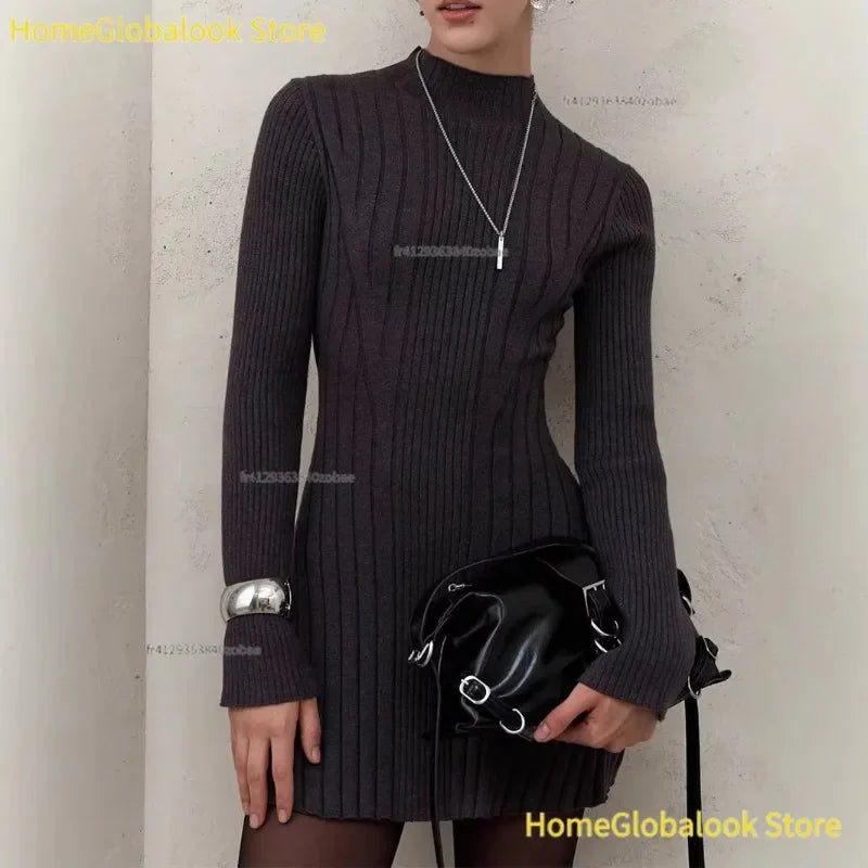Damen-Strickkleid für den Frühling, langärmlig, mit halber Stehkragen und A-Linien-Rock, eleganter und verspielter Stil, weiches Strickkleid, leichtes, lässiges Strickoutfit für Alltag, Partys, Verabredungen und Büro