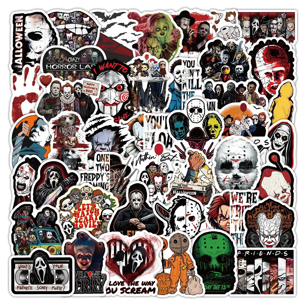 50 Stück Halloween Horrorfiguren-Aufkleber Horror-Atmosphäre Dekoration Graffiti Wasserbecher wasserfeste Aufkleber