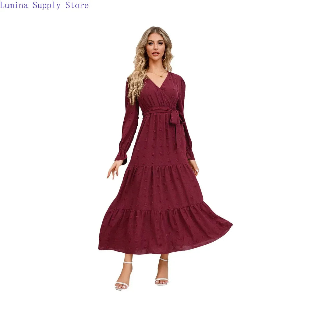 Abito lungo da donna con scollo a V e maniche lunghe