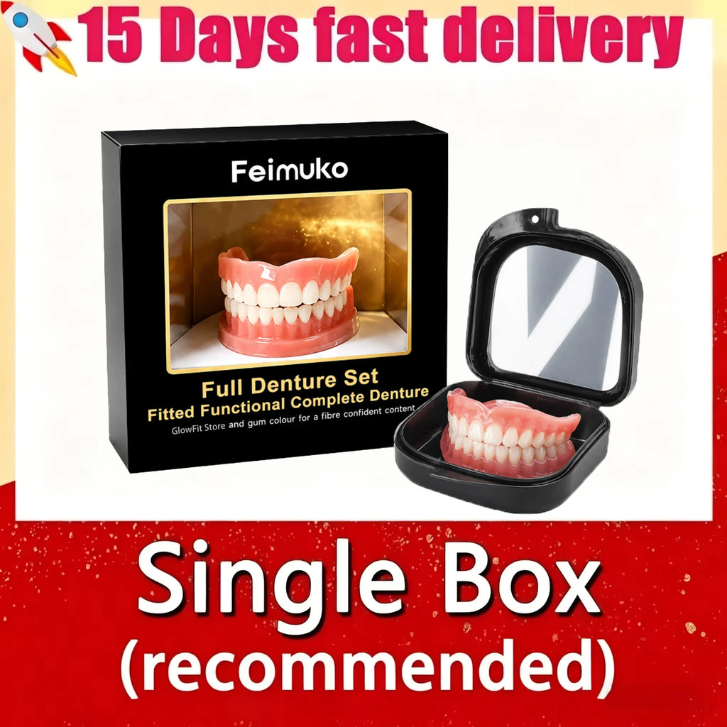 Prótesis dentales completas personalizadas para adultos mayores, silicona blanda y dientes de resina ligera, estuche portátil para el cuidado bucal diario