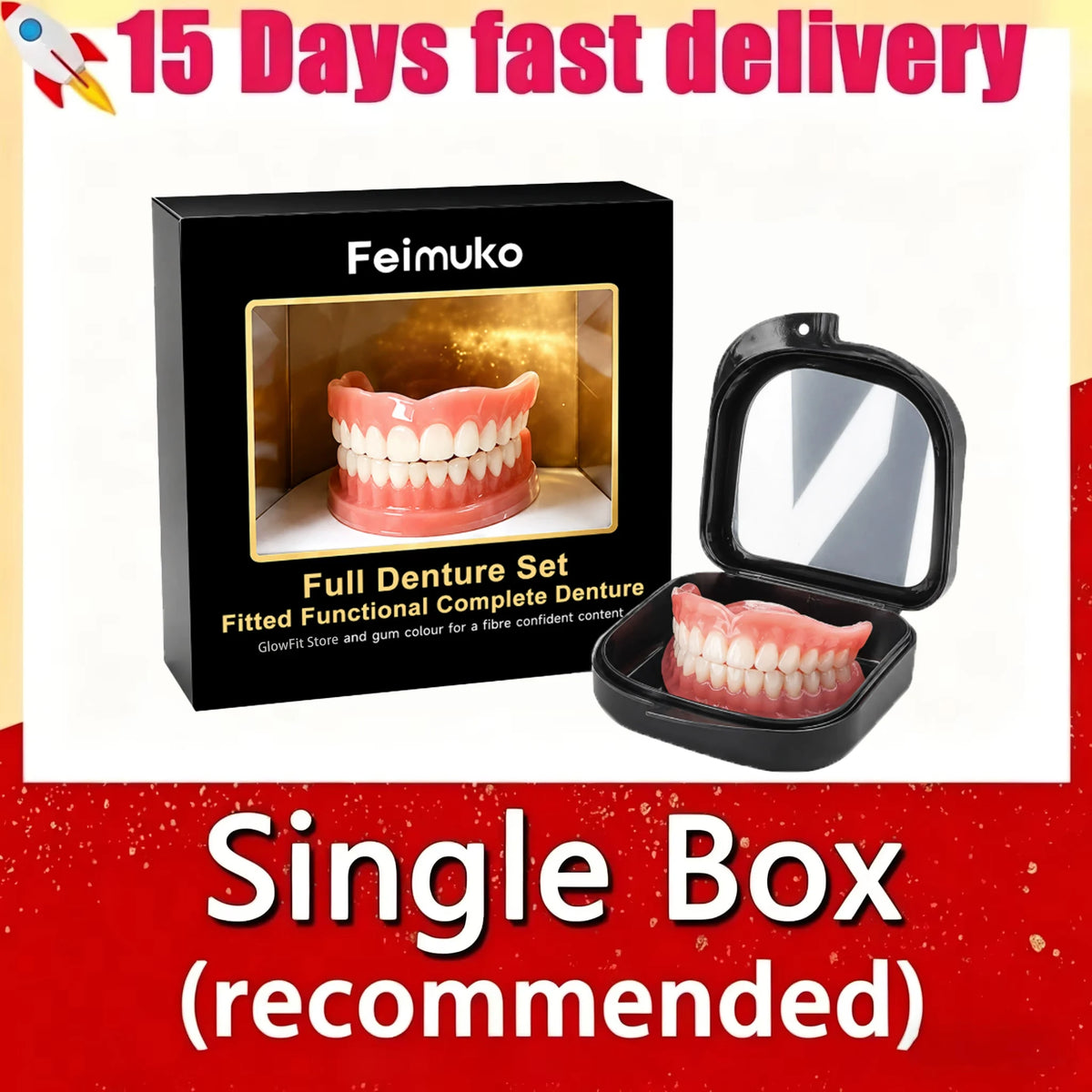 Prothèse dentaire complète sur mesure pour senior, dents en silicone souple et résine légère, boîte de prothèse portable pour les soins bucco-dentaires quotidiens