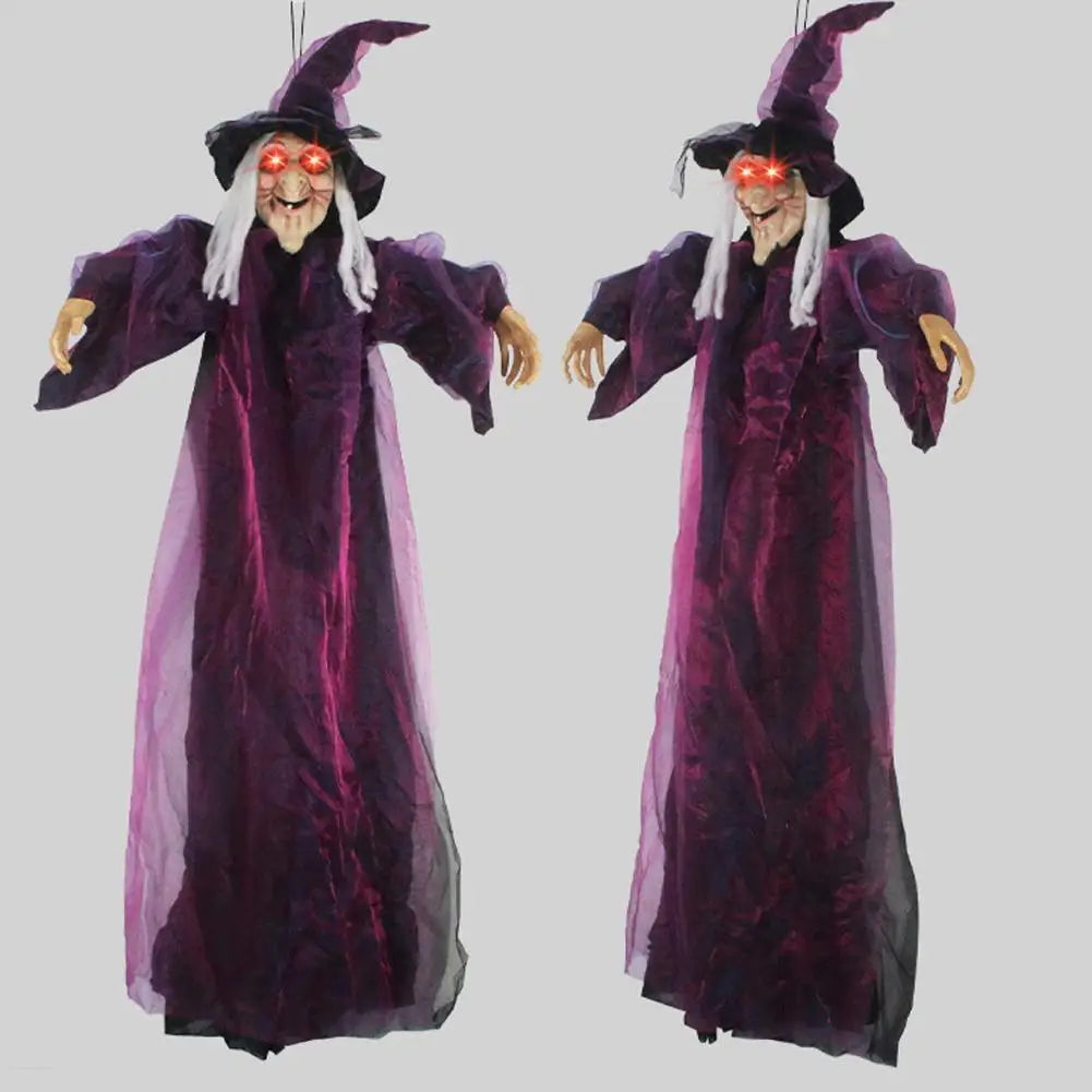 Bruja parlante de tamaño real para Halloween, bruja animatrónica morada de terror para exteriores, decoración luminosa y gritona con control por voz