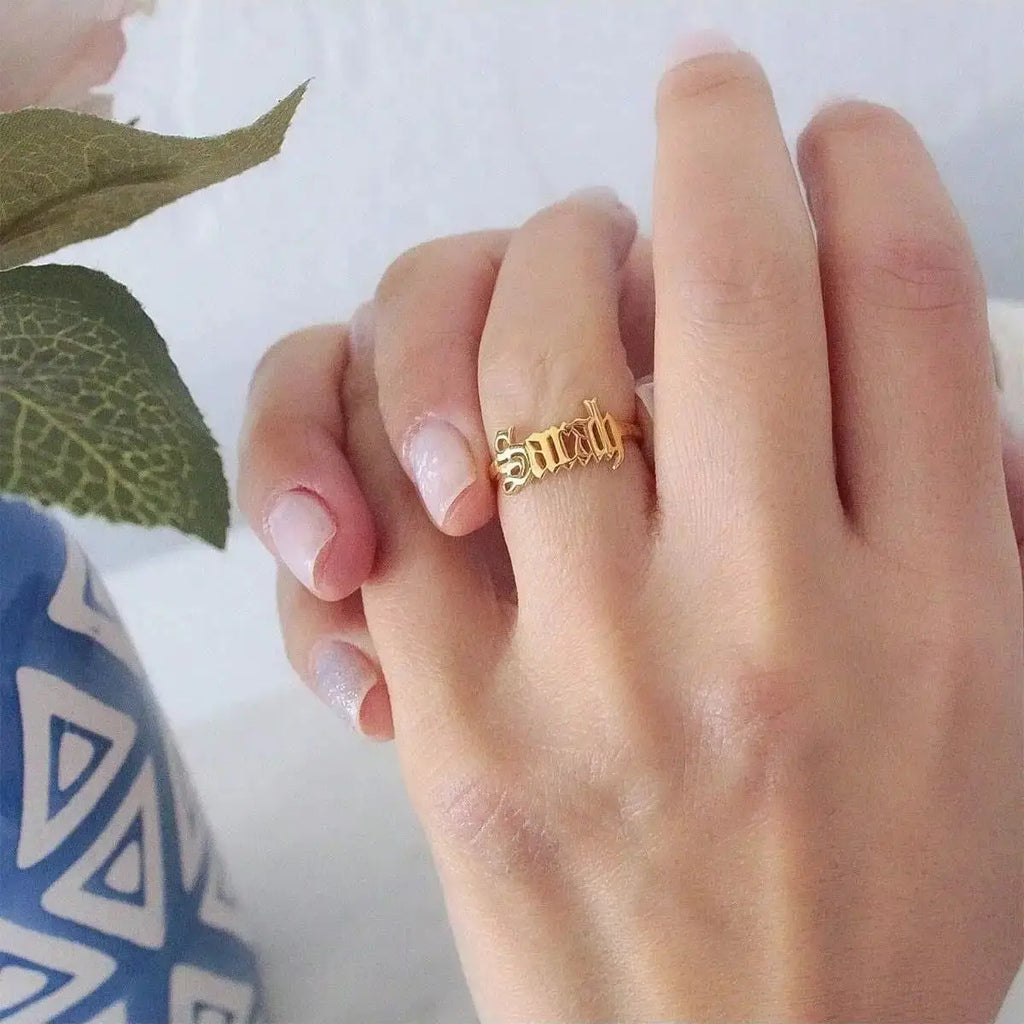 Custom Name Rings for Women and Men, Personalized Adjustable Name Ring in Gold-Plated Stainless Steel, Christmas Jewelry Gift