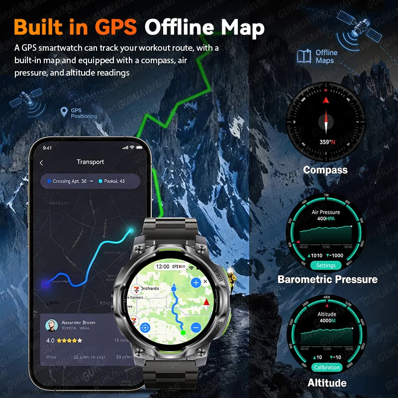 New Outdoor GPS Map Built-in 1200mAh Battery Smart Watch Compass Chat-GPT Bluetooth Call IPX8 Waterproof Sports Men Smartwatches