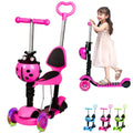 Patinete 5 en 1 para niños, patinete de 3 ruedas con luces LED intermitentes, manillar, asiento y asa de empuje ajustables y extraíbles