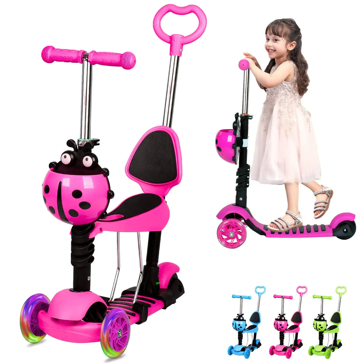 Monopattino per bambini 5 in 1, monopattino a 3 ruote con luci LED lampeggianti, manubrio, sedile e maniglione regolabili e rimovibili