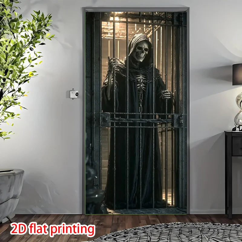 1pc, 2Dflat, Gothic Death Curtain - Skull and Cage Decoration, Suitable for Halloween Parties, Indoor/Outdoor Use, wsj