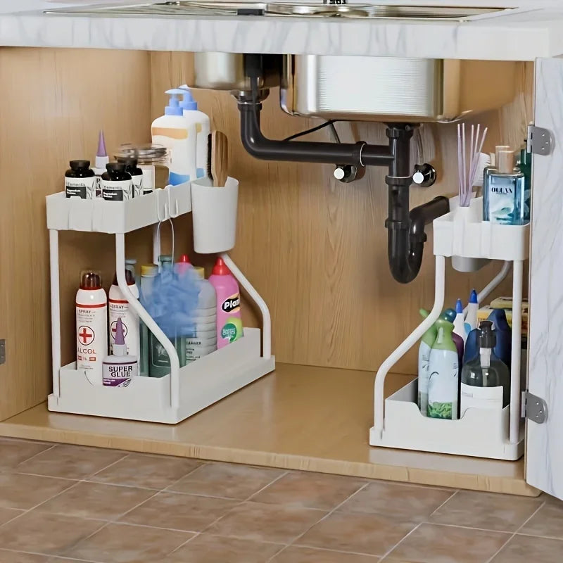 Organizador de 2 niveles que ahorra espacio para debajo del fregadero, caja de almacenamiento extraíble, cajón organizador duradero y de gran capacidad, esencial para cocina y baño