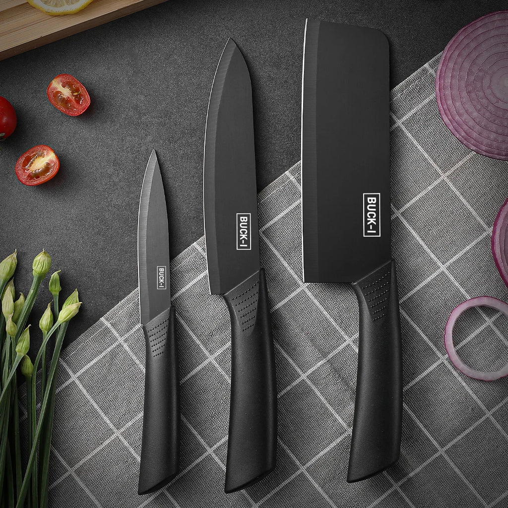 Set de couteaux de cuisine, comprenant un hachoir, un couteau de chef et un couteau d'office, avec bloc à couteaux, adapté pour couper la viande et les légumes