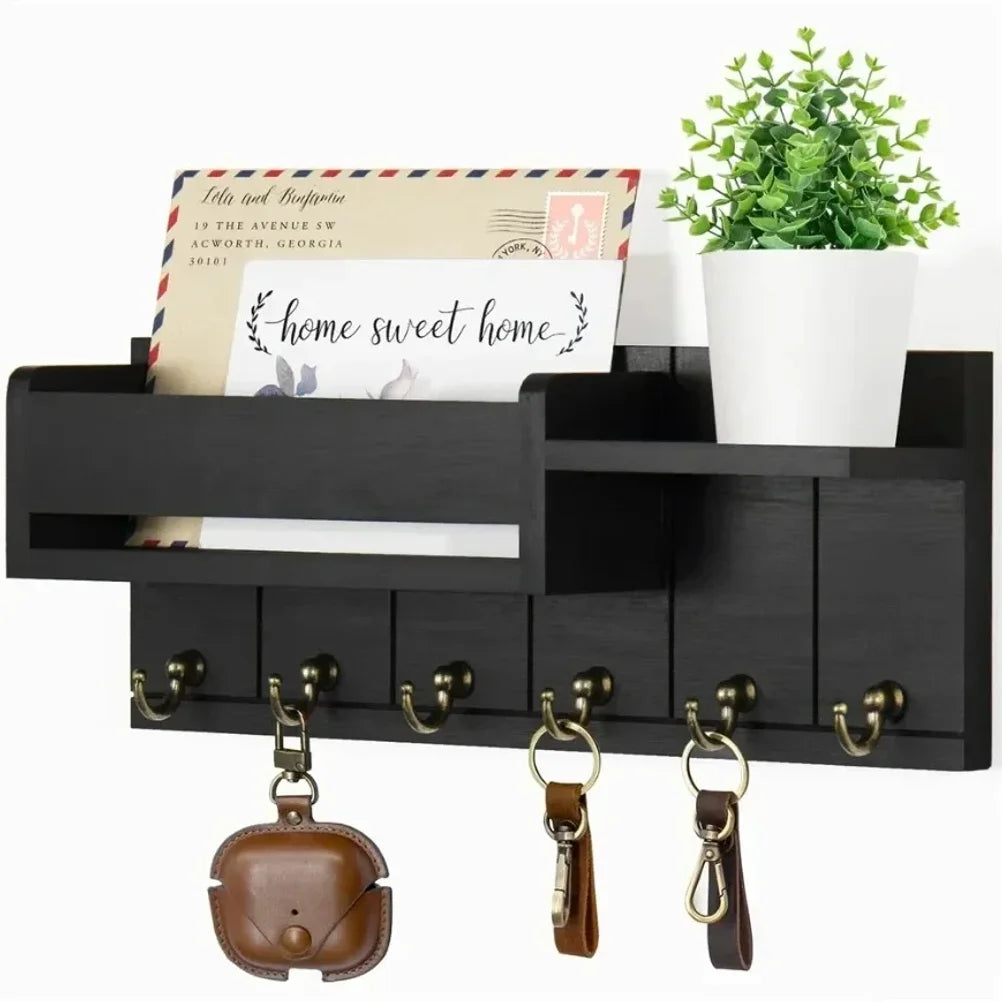 Wall-Mounted Wooden Key and Mail Holder with 6 Hooks