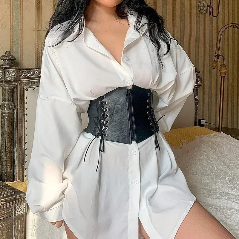 Modischer Punk-Korsett-Weitgürtel für Damen, schlankmachender elastischer Bustier-Taillengürtel aus PU-Leder, Hip-Hop-Gothic-Kleid-Korsettgürtel mit Trägern