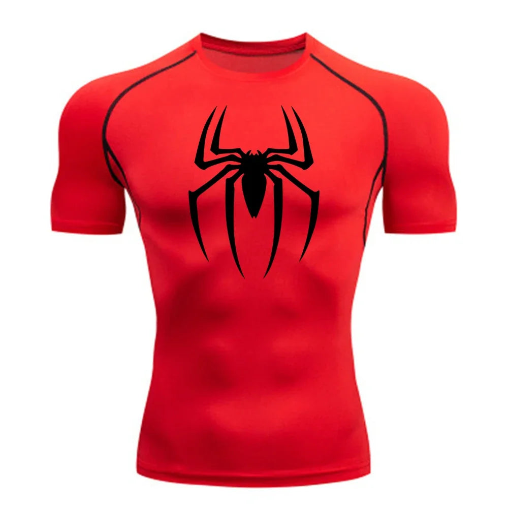 2023Men's Spider Print Compression Shirt, Quick Dry T-Shirt, Gym Running Jersey, Breathable Short Sleeve, Spring, Summer, S-3XL