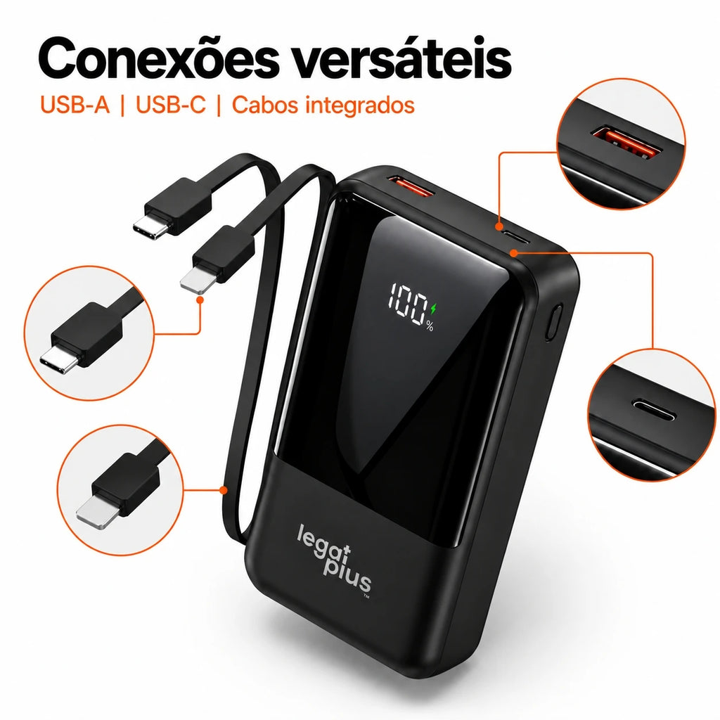 Power Bank 12000mAh Con 2 Cables Integrados Pantalla Digital Carga Rápida PD 22.5W Para Celular