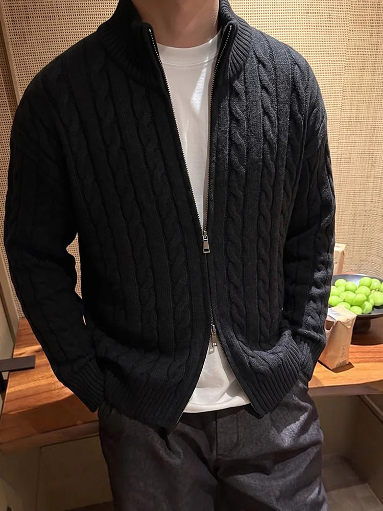 Autumn Men's Jacquard Sweater Solid Color Slim Fit Cozy Sweater Casual Fashion Streetwear Warm Zipper Knitted Cardigan