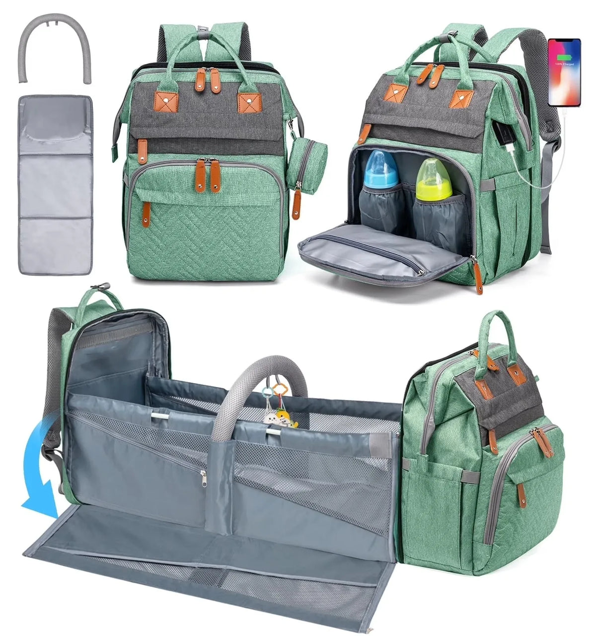 3 In 1 Diaper Bag Backpack Foldable Baby Bed Waterproof Travel Bag with USB Charge Diaper Bag Backpack with Changing Bed 3 Types