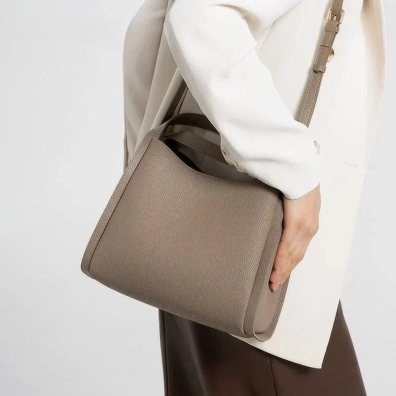 Women Genuine Cowhide Shoulder Bag Upper Arm Purse Bucket Ladies Office Female Commuter Sophisticated Elegant Premium Chic 2026