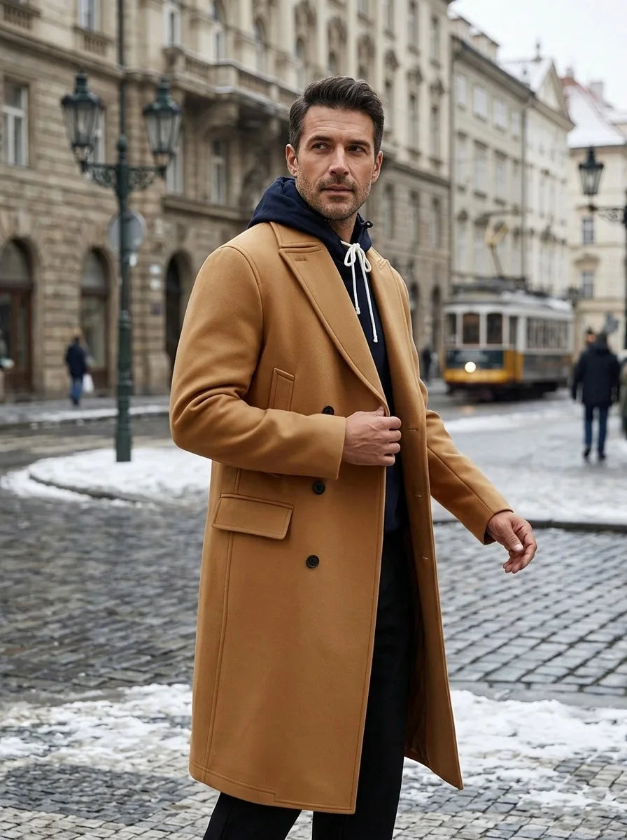 Men Wool Blends Overcoat Double Breasted Classic Lapel Long Trench Coat Formal Work Y2k Streetwear Casual Jacket Autumn Winter