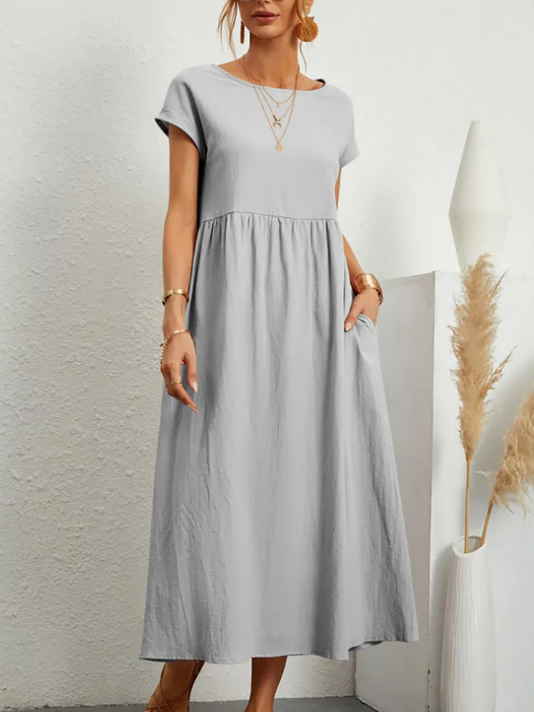 Abito midi da donna in cotone con scollo rotondo e linea morbida