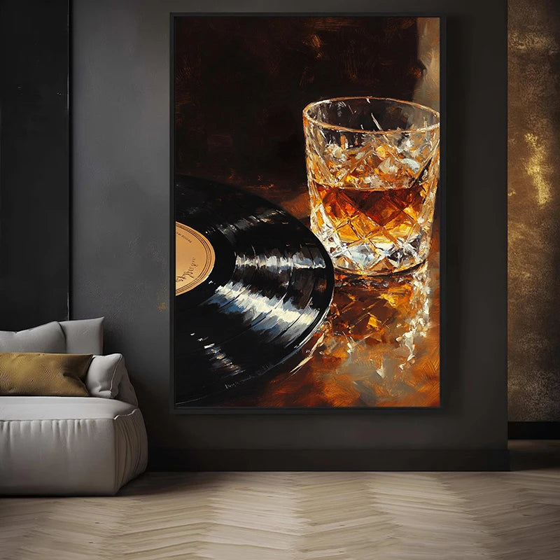 Whiskey und Schallplatte – stimmungsvolles Bar-Poster für Musikliebhaber, Leinwanddruck und Wandbild zur Inneneinrichtung