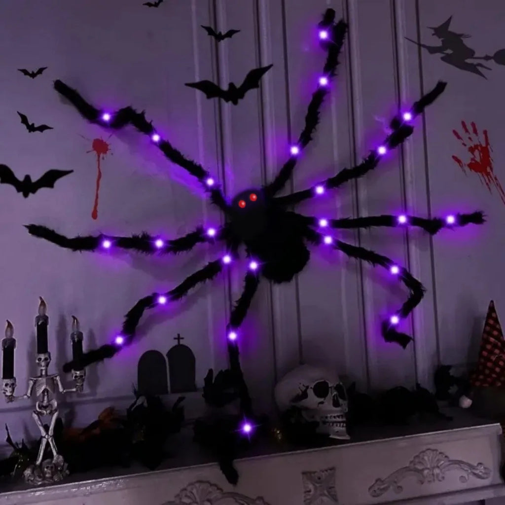 1 Stück Halloween-Riesenspinne, flauschig und schwarz, mit violetten LEDs, batteriebetrieben, 8 Leuchtmodi, für die Innen- und Außendekoration von Veranden