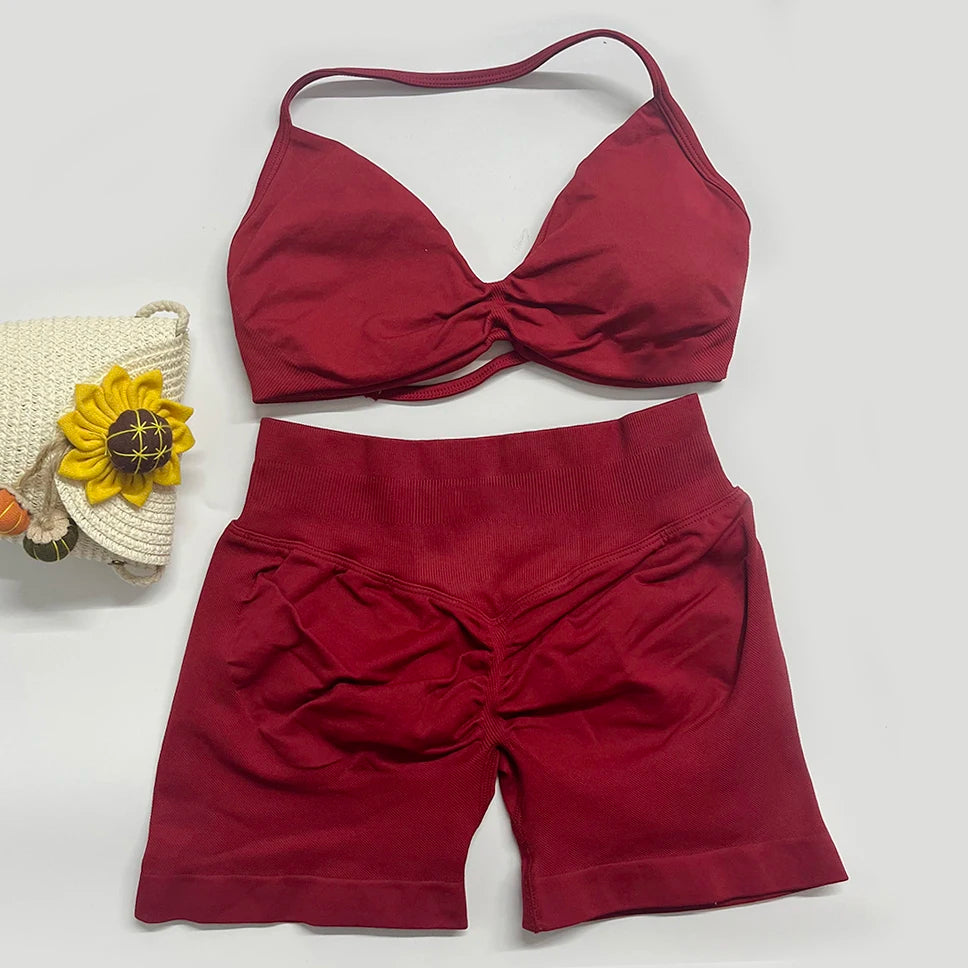 2PCS DF Gym Set Women Strappy Yoga Bra Top Sportswear Workout Scrunch Shorts Sports Suit Seamless Set Fitness Clothes