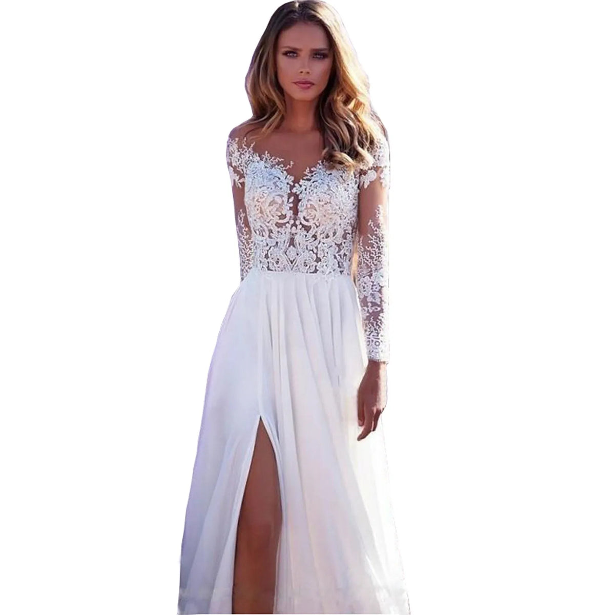 Abito da sposa in pizzo con scollo rotondo