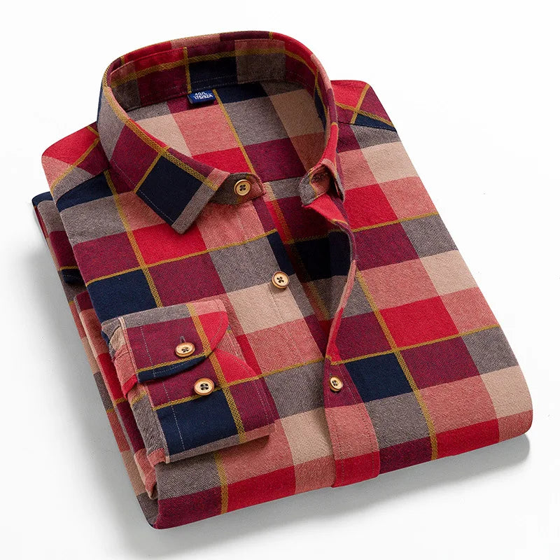 Men's Fashion Casual Plaid Brushed Long Sleeve Shirt Comfortable 100% Cotton Button-Down Slim-fit Thick Flannel Autumn Shirts
