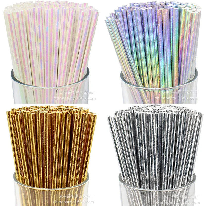 50/100/150pcs Iridescent Paper Straws for Party Supplies Birthday Wedding  Baby Shower Party Decor Golden Silver Straw
