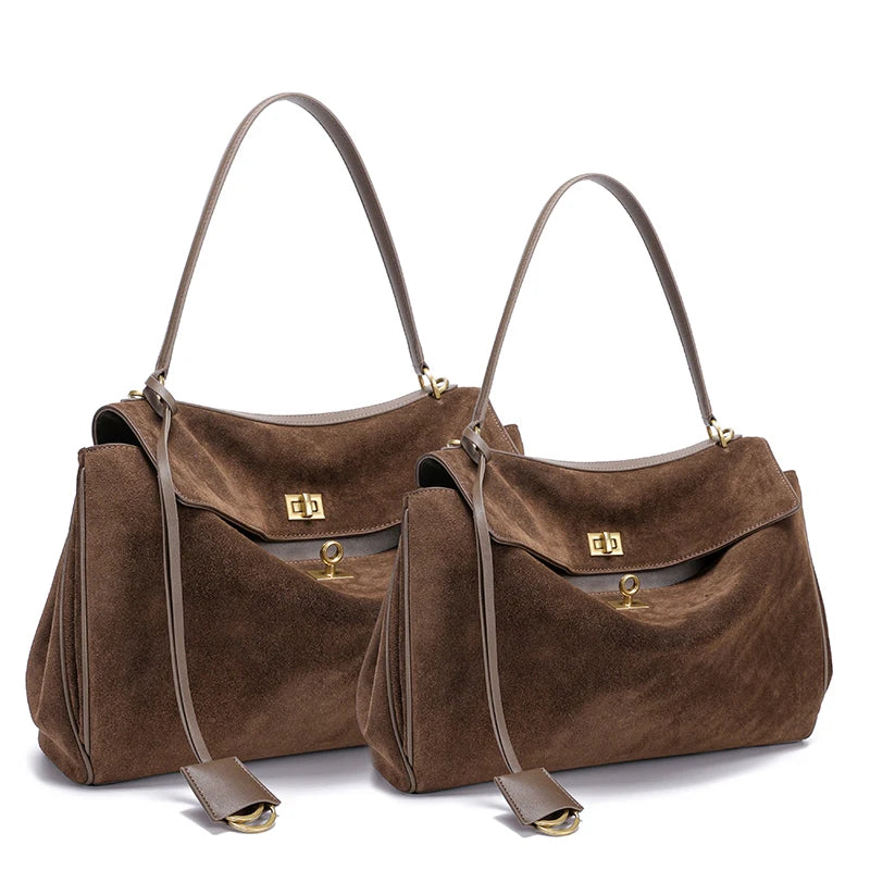 Suede Bags Women Genuine Leather Handbag Winter Luxury Brand Woman Shoulder Bag Totes Gold Buckle Large Capacity Female Bags