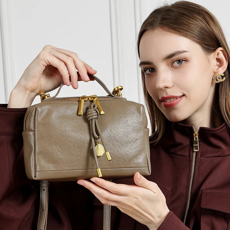 Women's Vegetable-tanned Cowhide Bag Luxury Deisgner Ladies Genuine Leather Shoulder Crossbody Small Square Bag Female Handbag