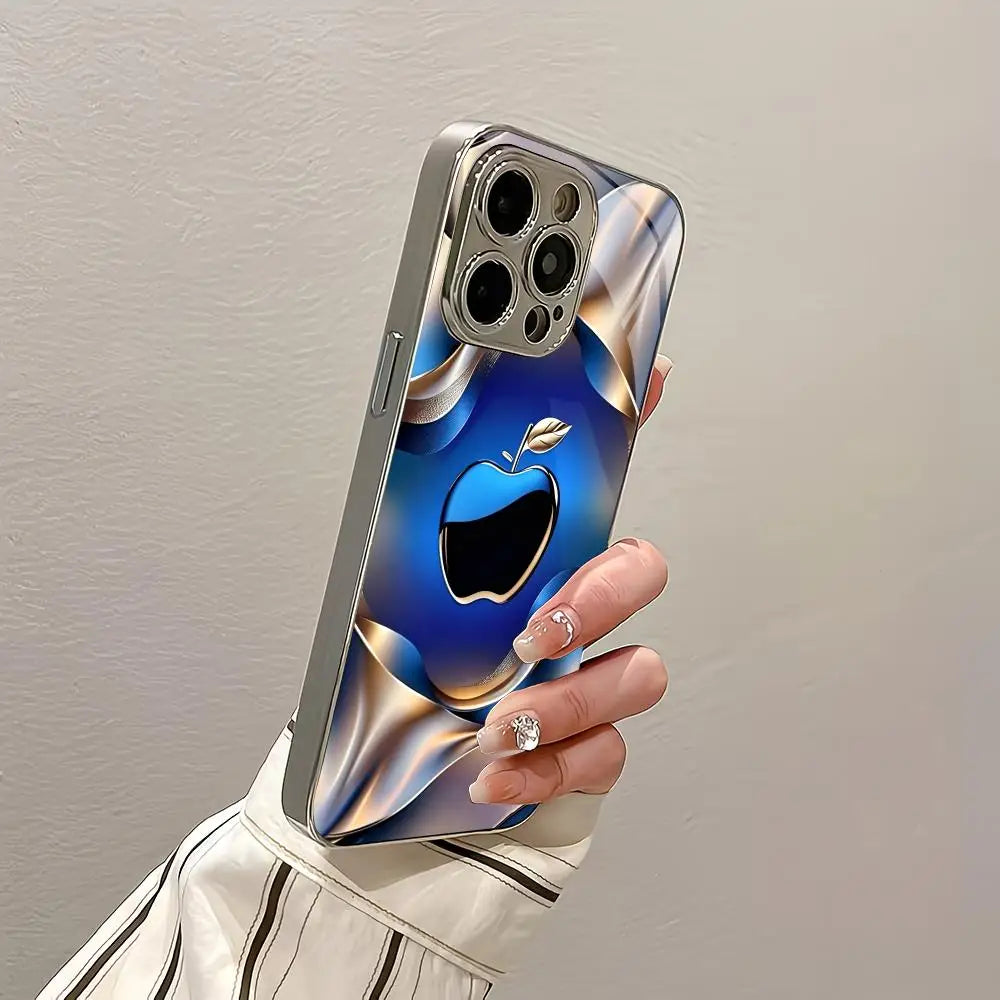 Blue textured electroplated glass phone case suitable for iPhone 18 17 16 15 14 13 12 11 Pro/Max/Plus anti drop and shockproof