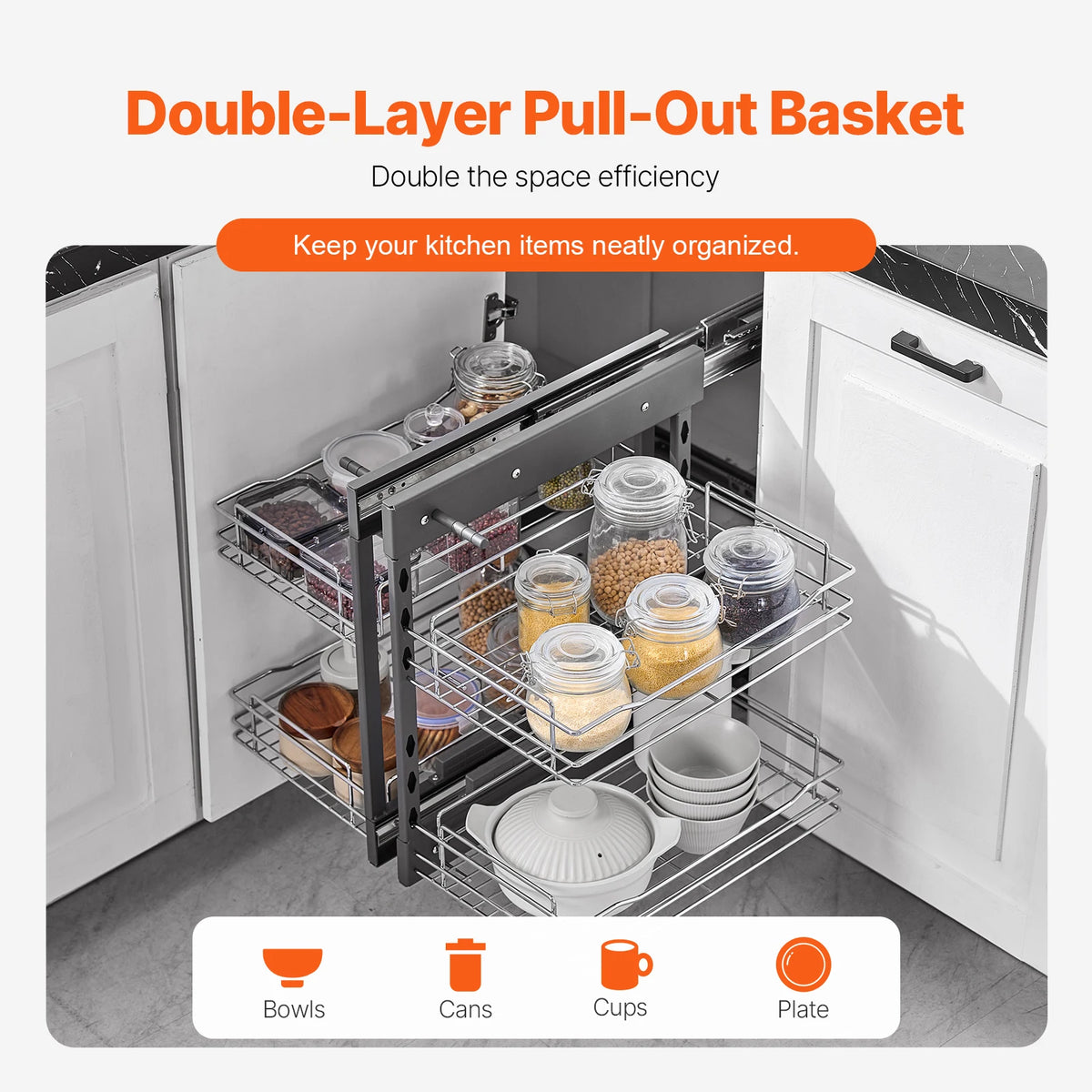 SucceBuy Organisateur coulissant d'angle pour placard de cuisine à 2/3 niveaux, panier de rangement coulissant à 4 étagères
