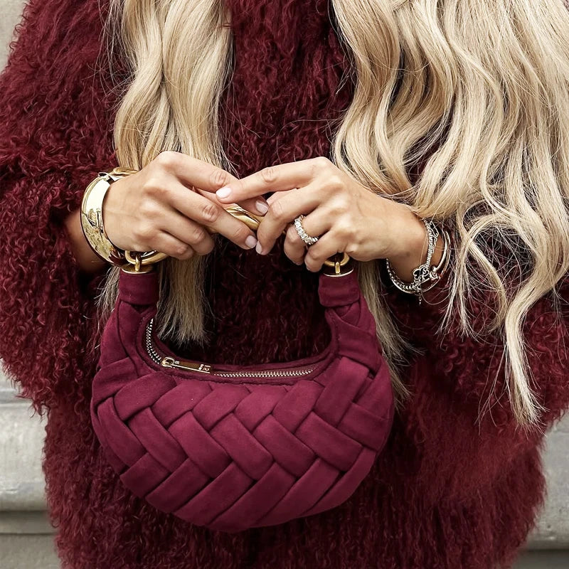 Vintage Faux Suede Hand-Woven Bags For Women Luxury Designer Handbags Purses 2025 New In Metal Top Handle Cross-Woven  Shoulder