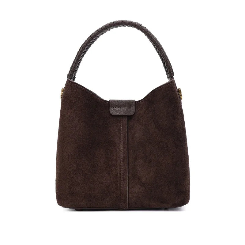Luxury Designer Genuine Suede Cowhide Women Bucket Handbag Braided Woven Top Handle Real Leather Hobo Bag Ladies Shoulder Purse