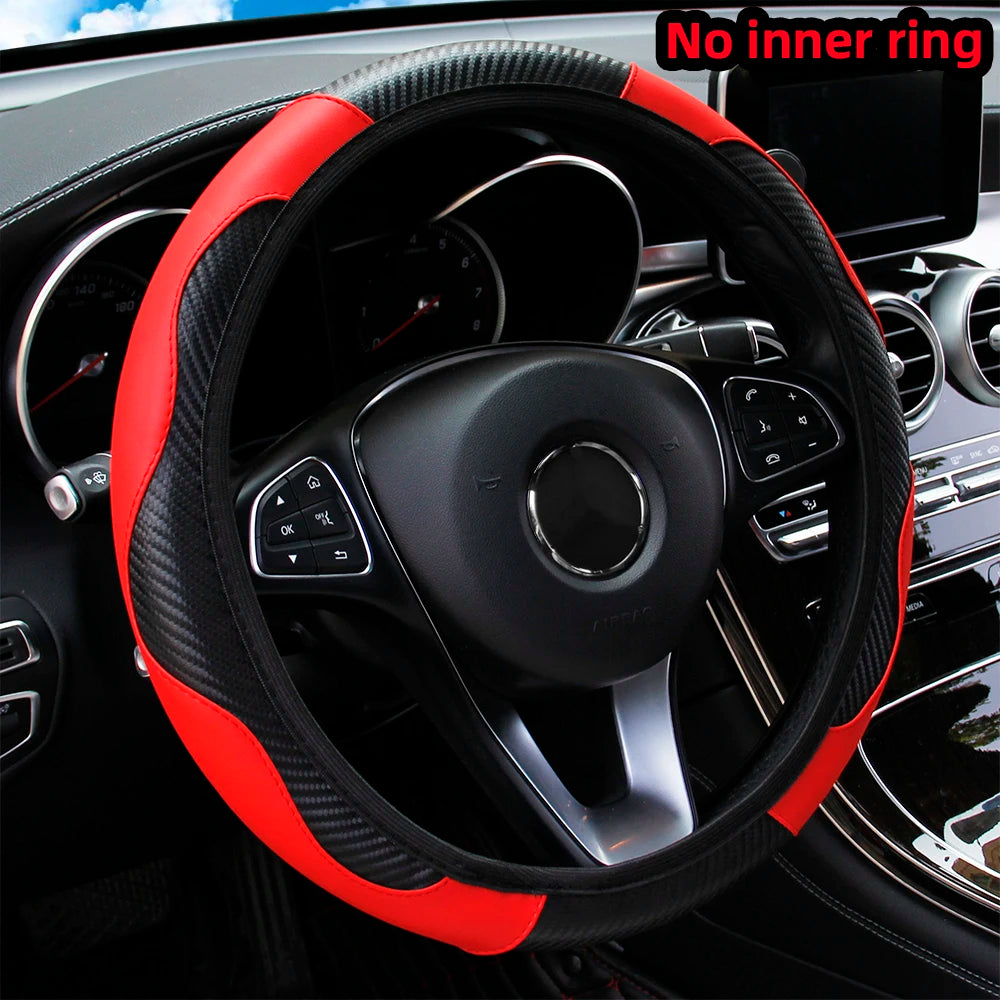 PU Carbon Fiber Leather Steering Wheel Cover Without Inner Ring, Suitable for 14.5–15-Inch Steering Wheels
