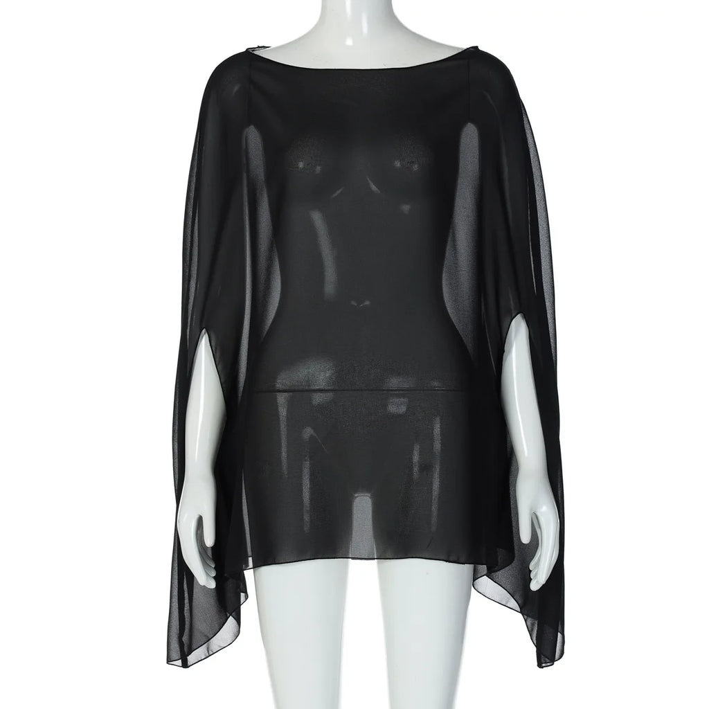 Ropa de mujer Blusas de gasa transparentes Sexys de moda Lisas Prendas para cubrirse Tops elegantes para discoteca para mujer Blanco Negro Streetwear