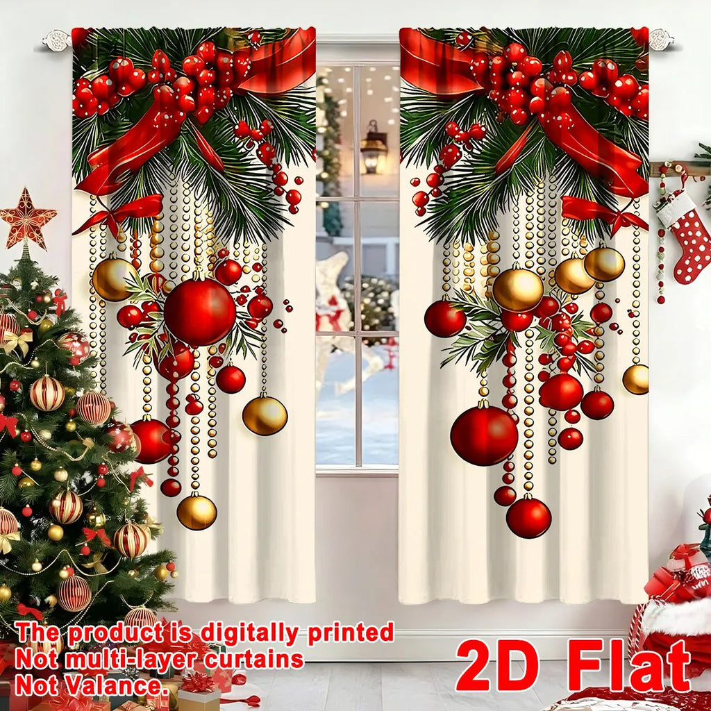 2pcs Festive Christmas Curtains, 60*150cm Polyester Curtains Xmas Baubles Ribbon Patterns Window Drapes for Home Holiday Decor