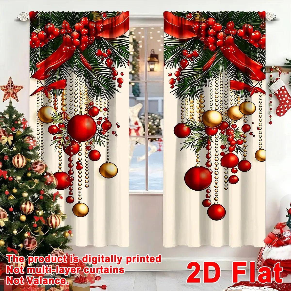 2pcs Festive Christmas Curtains, 60*150cm Polyester Curtains Xmas Baubles Ribbon Patterns Window Drapes for Home Holiday Decor