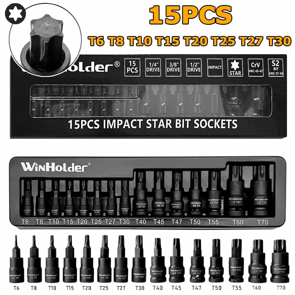 Juego de 15 vasos con puntas Torx de impacto, accionamiento de 1/4", 3/8" y 1/2", herramientas en pulgadas, puntas TRX-Star T6 a T30 para kit de reparación de garaje