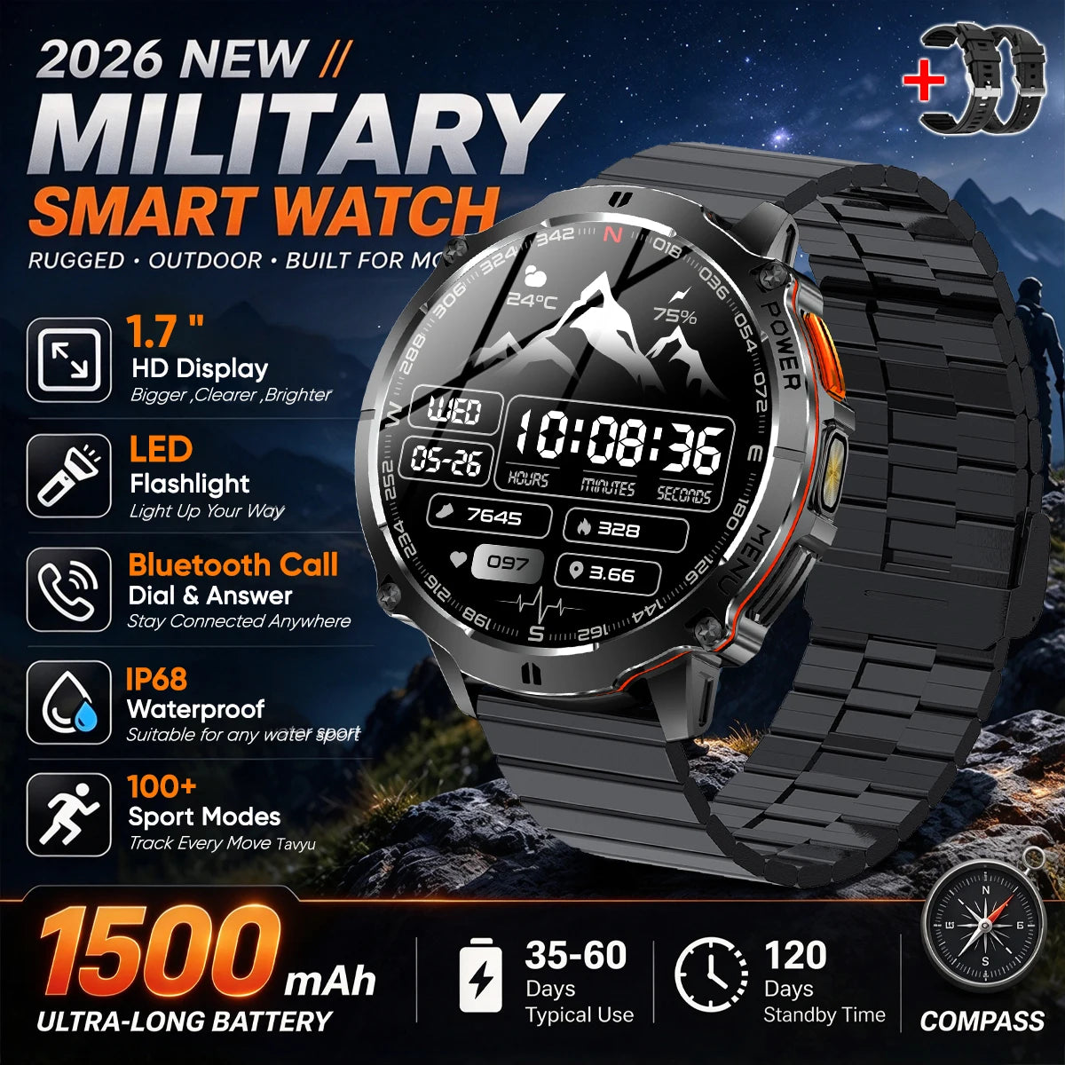 Military T-Rx6 Smartwatch,1.7'AMOLED Screen,150 Day Battery,IP68 Waterproof,Metal,120 Fitness Modes,Flashlight,For Men Women New