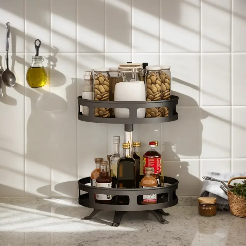 3-Tier Metal Rotating Spice Rack 360-Degree Non-Skid Carbon Steel Storage Tray for Kitchen Seasonings and Cans