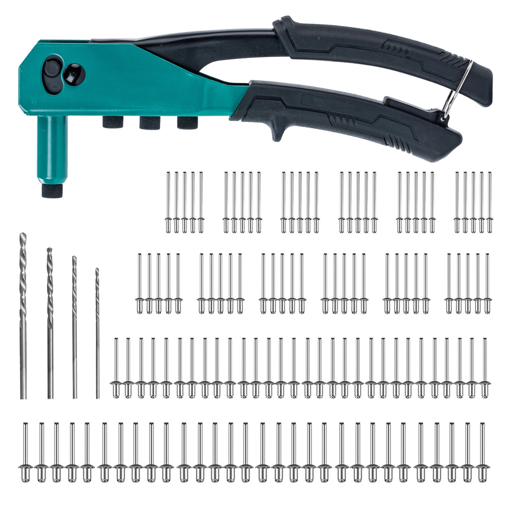 Rivet Gun Kit, Pop Rivet Gun, Heavy Duty Rivet Tool, Professional Hand Riveter, Manual Riveting Tool with 120 Blind Rivets, 4 HSS Drill Bits, 4 Tool-free Interchangeable Heads