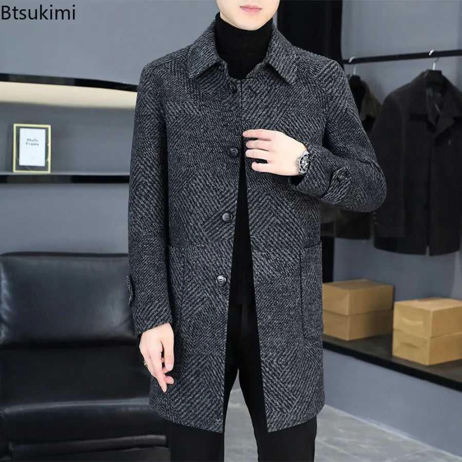2026 New Men's Fashion Lapel Slim Single Breasted Trench Coats Mid-Length Double Side Woolen Overcoats Autumn Winter Men Clothes