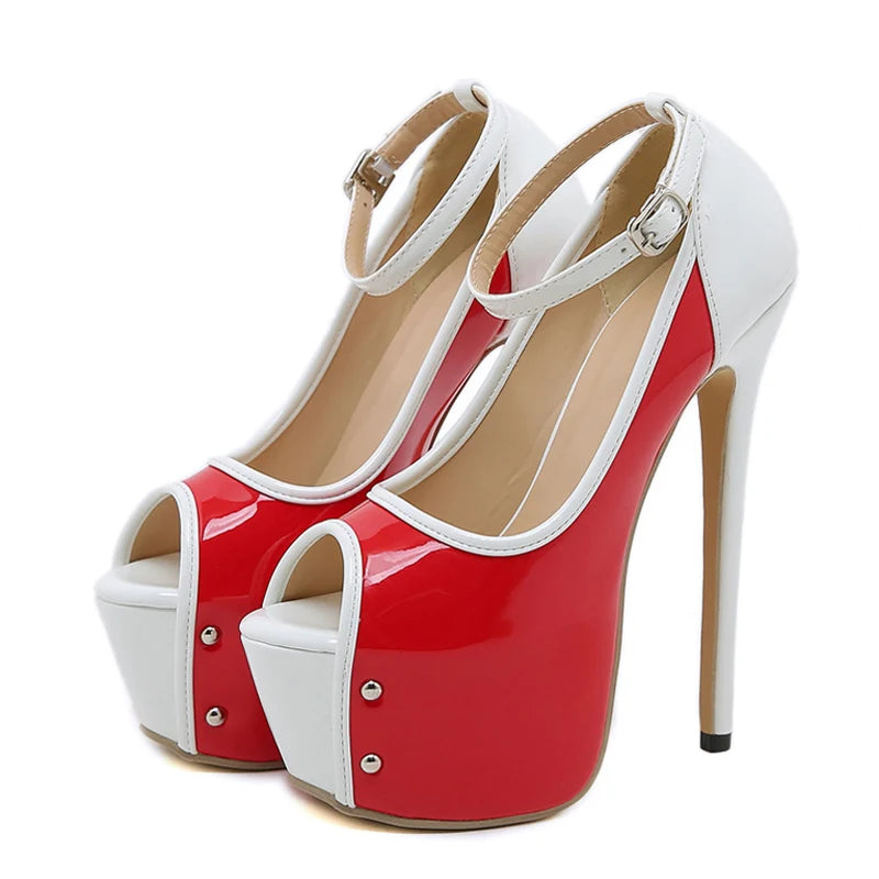 Scarpe peep toe donna Liyke rosse e bianche con plateau