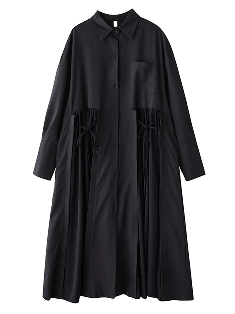 Schwarzes Damen-Chemisierkleid in Midi-Länge mit Schnürung