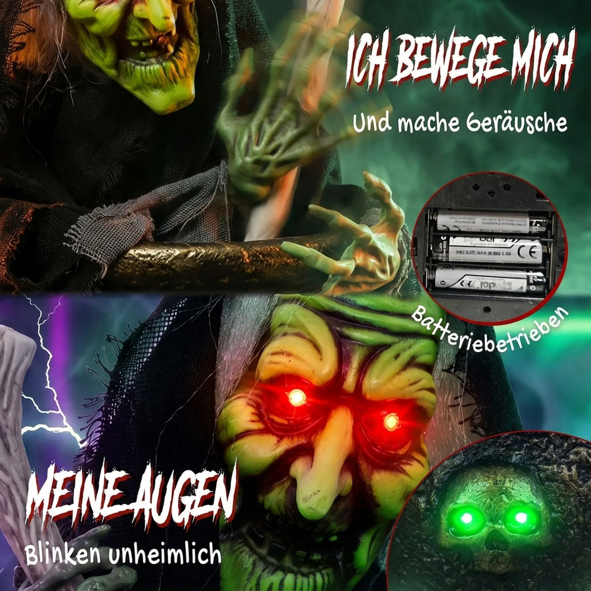 47cm Animated Halloween Witch with Stirring Cauldron, Sound and Touch Activated Tabletop Decoration with Red and Green LED Lights, Creepy Cackling Witch Prop for Indoor Party, Mantel, Shelf, Kitchen Counter and Haunted House